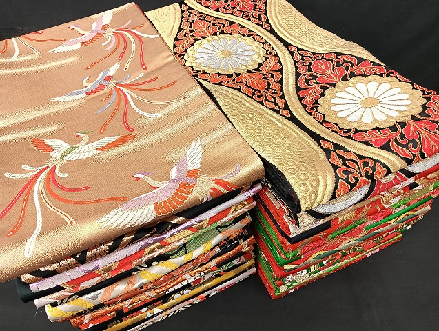 平和屋着物■子供帯 まとめて 35点 向かい鶴 尾長鳥 蝶 松竹梅 花柄 楽器 七宝 金銀糸 など 着用可能多数 未使用品あり mmm1306