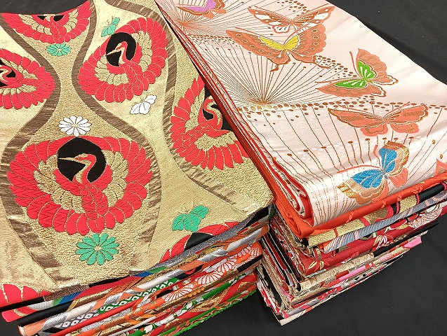 平和屋着物■子供帯 まとめて 35点 鶴 折り鶴 鳥 蝶 花柄 七宝 正倉院 金銀糸 など 着用可能多数 未使用品あり mmm1399