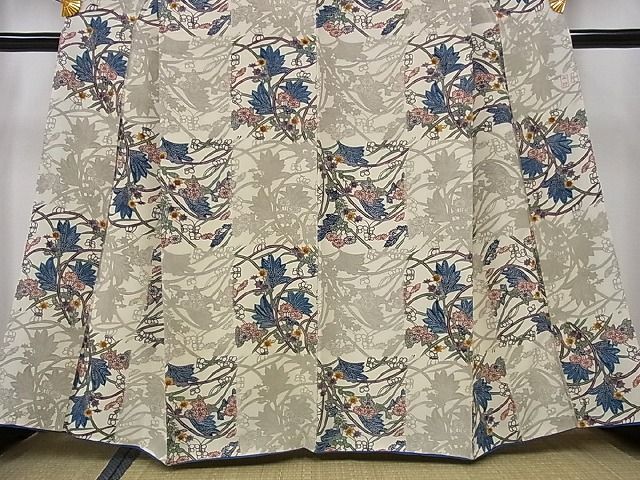 平和屋本店■極上 本場琉球紅型 平野晋二郎 小紋 市松花文 落款あり 着丈 160cm 裄 65.5cm 正絹 逸品 2kk1340