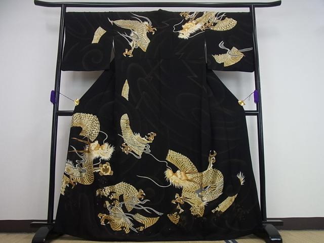 平和屋本店■極上　訪問着　総手刺繍　龍　黒地　金糸　逸品3s629