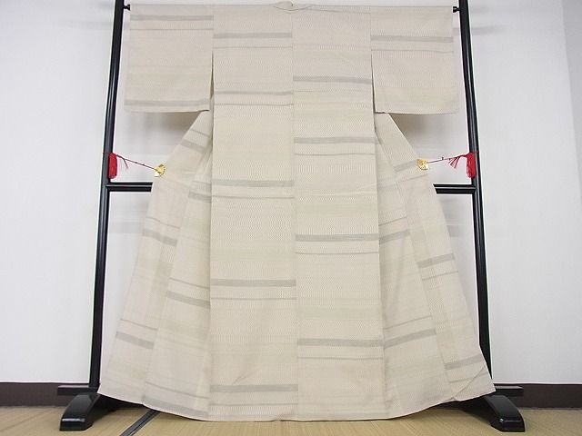 平和屋本店■極上　本塩沢　やまだ織　単衣　横段霞文　証紙付き　着丈162cm　裄丈65cm　正絹　逸品　3kk2692 平和屋本店□極上 本塩沢 やまだ織 単衣 横段霞文 証紙