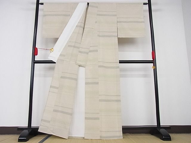 平和屋本店□極上 本塩沢 やまだ織 単衣 横段霞文 証紙