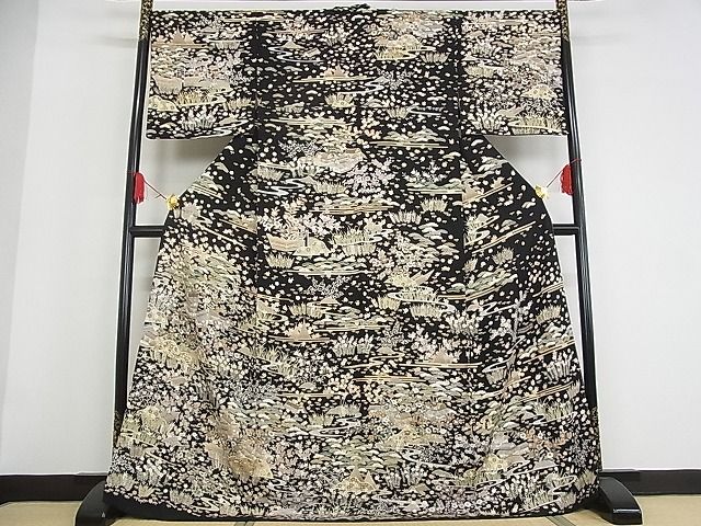 平和屋本店■極上　訪問着　駒刺繍　友禅　御所解文様　黒地　金彩　ロング丈　着丈172.5cm　裄丈68.5cm　正絹　逸品　KAAA1316kk4