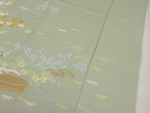 平和屋本店●極上 創業460年・千總 訪問着 刺繍 草花文 柳茶色地 高島屋扱い 逸品3s20711_4