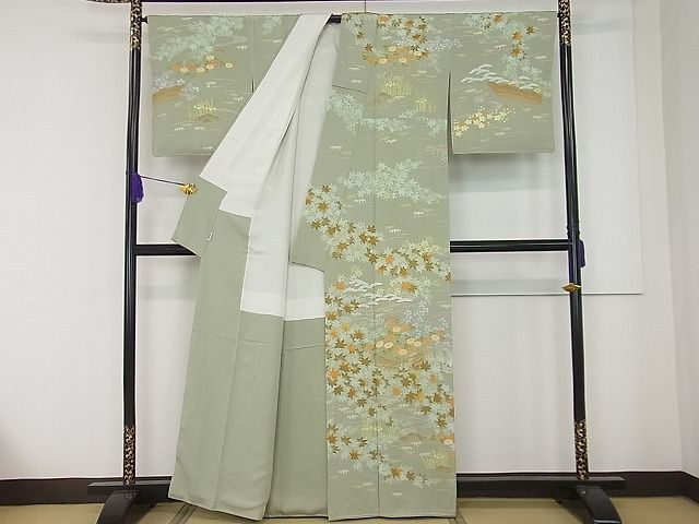 平和屋本店●極上 創業460年・千總 訪問着 刺繍 草花文 柳茶色地 高島屋扱い 逸品3s20711_1