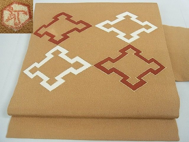 平和屋本店■極上　銀座　志ま亀　九寸名古屋帯　松皮菱　金彩　鬼しぼ縮緬　落款有り　逸品　4kh2045