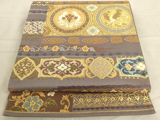 平和屋着物●六通柄袋帯　唐織　横段花鳥丸文　金糸　正絹　逸品　AAAL2191wj