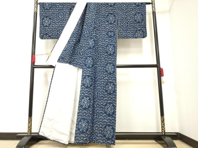 平和屋着物▽久留米絣 単衣 亀甲花青海波 胴抜き仕立て 綿