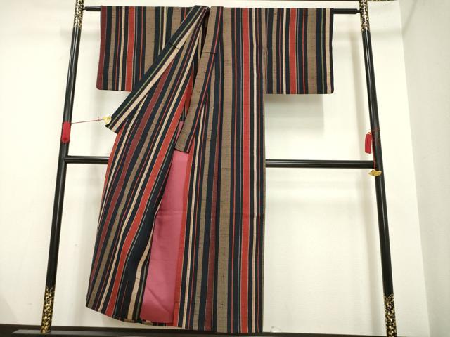 平和屋着物▽希少 ざざんざ織 伊兵衛織 単衣 縞 正絹 逸品 AAAM4290ck