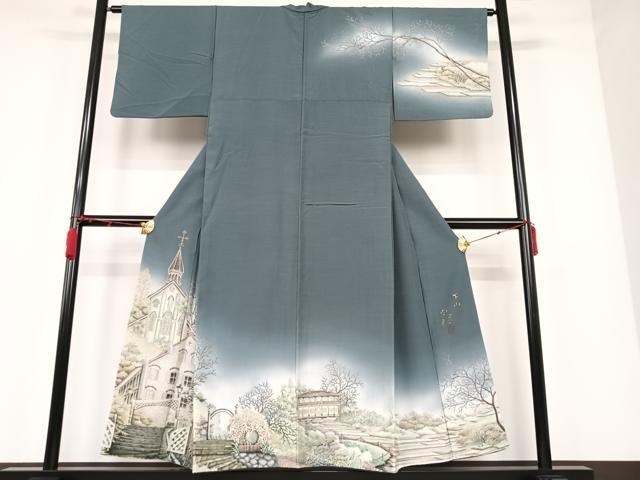 平和屋着物●伝統工芸士　京友禅染色作家　田家鬼彩　訪問着　風景樹林文　暈し染め　正絹　逸品　AAAM5979ph