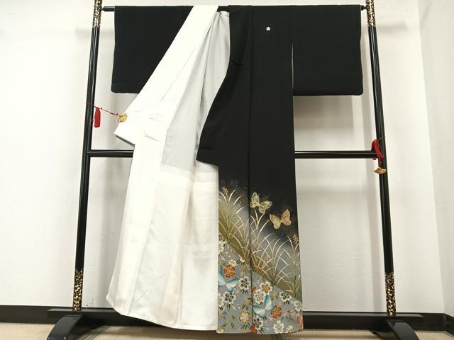 平和屋着物○染色作家 斉藤三才 黒留袖 寿光織 舞蝶花文