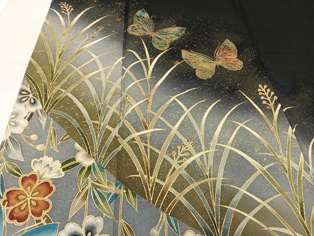 平和屋着物●染色作家　斉藤三才　黒留袖　寿光織　舞蝶花文　暈し染め　金彩　正絹　逸品　AAAQ0230np 平和屋着物○染色作家 斉藤三才 黒留袖 寿光織 舞蝶花文