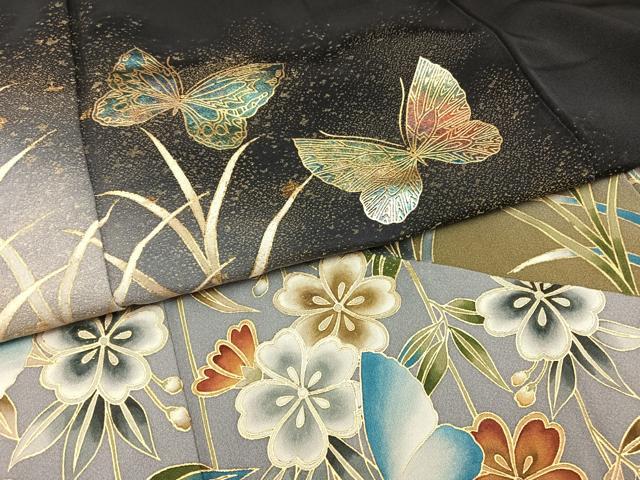 平和屋着物○染色作家 斉藤三才 黒留袖 寿光織 舞蝶花文