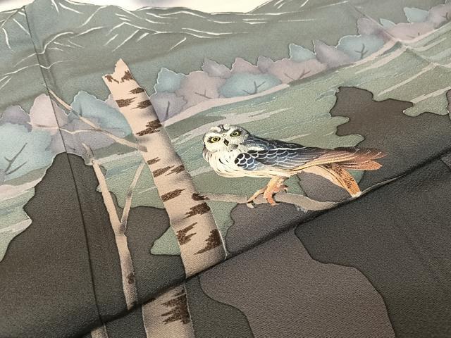 平和屋着物●訪問着　手描き　梟　フクロウ　正絹　逸品　AAAY1569np 平和屋着物○訪問着 手描き 梟 フクロウ 正絹 逸品 AAAY1569np