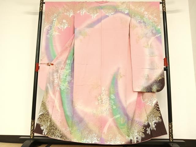 平和屋着物●豪華振袖　草花鳥文　暈し染め　金彩　銀通し地　正絹　逸品　AAAQ0484np