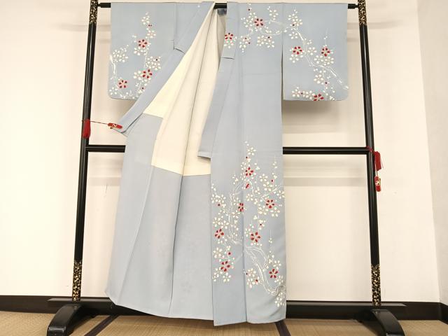 平和屋着物●銀座きしや　訪問着　駒刺繍　紅白枝桜絵　銀彩　たとう紙付き　正絹　逸品　AAAQ0486np 平和屋着物○銀座きしや 訪問着 駒刺繍 紅白枝桜絵