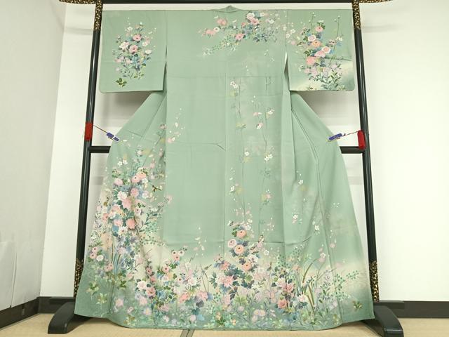 平和屋着物○訪問着 草花に小鳥 暈し染め 金銀彩 正絹 逸品