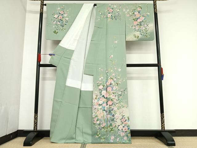 平和屋着物○訪問着 草花に小鳥 暈し染め 金銀彩 正絹 逸品