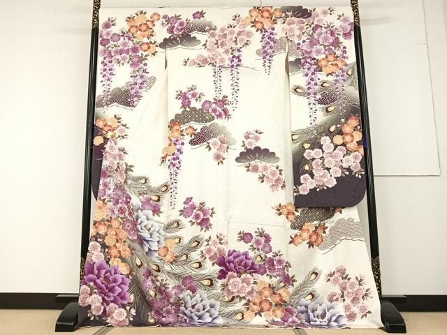 平和屋着物●NICOLE　振袖　駒刺繍　孔雀羽草花文　暈し染め　金彩　銀通し地　正絹　逸品　AAAQ0666np