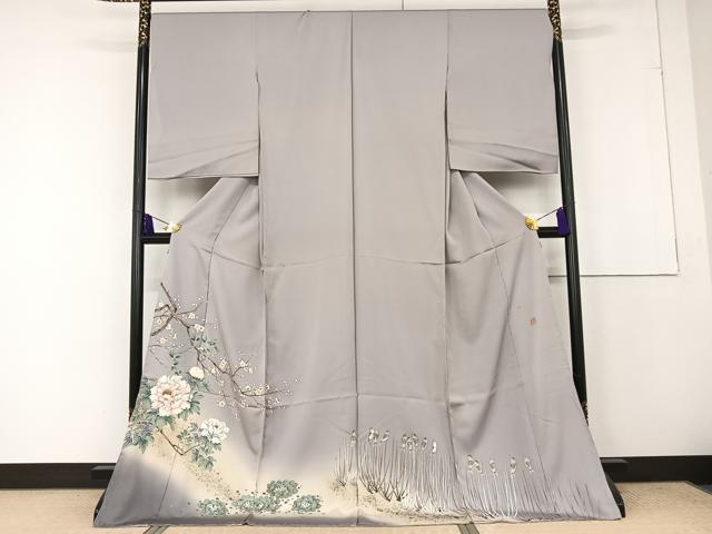 平和屋着物○十日町友禅 関芳 泰常 色留袖 駒刺繍 草花に雀
