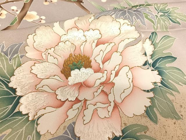 平和屋着物○十日町友禅 関芳 泰常 色留袖 駒刺繍 草花に雀