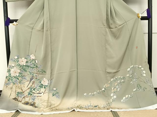 平和屋着物●十日町友禅　関芳　泰常　色留訪問着　枝花に小鳥　暈し染め　金彩　上代32万　仮絵羽　正絹　逸品　未使用　AAAQ0694np 平和屋着物○十日町友禅 関芳 泰常 色留訪問着 枝花に