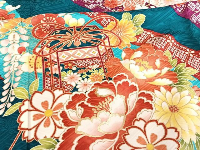 平和屋着物○豪華振袖 駒刺繍 貝桶草花文 金彩 正絹 逸品 AAAQ0695np