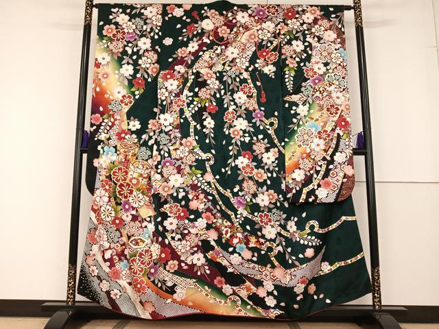 専用❣️D012❣️仮絵羽 未仕立て 振袖 枝垂れ桜に貝桶模様 刺繍 八掛付き 平和屋着物○豪華振袖 駒刺繍 貝桶花文 金彩 正絹 逸品 AAAQ0717np