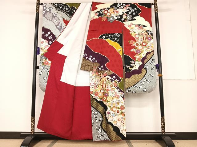 平和屋着物○豪華振袖 駒刺繍 御所車花文 金彩 正絹 逸品 AAAQ0721np