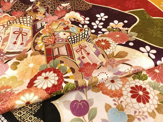 平和屋着物○豪華振袖 駒刺繍 御所車花文 金彩 正絹 逸品 AAAQ0721np