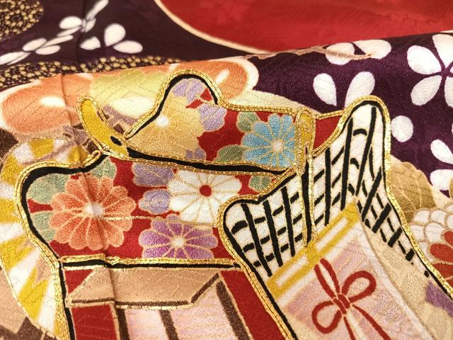 平和屋着物●豪華振袖　駒刺繍　御所車花文　金彩　正絹　逸品　AAAQ0721np 平和屋着物○豪華振袖 駒刺繍 御所車花文 金彩 正絹 逸品 AAAQ0721np