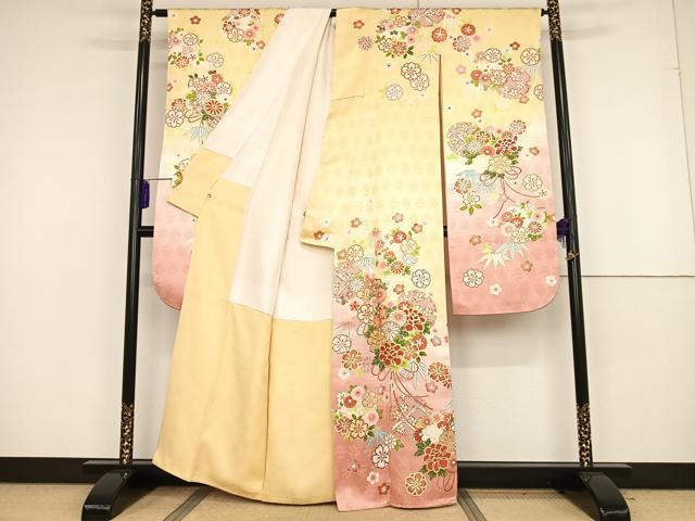 平和屋着物●豪華振袖　駒刺繍　雪輪草花文　暈し染め　金彩　正絹　逸品　AAAQ0757np 平和屋着物○豪華振袖 駒刺繍 雪輪草花文 暈し染め 金彩 正絹