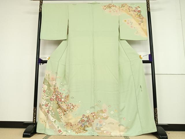 k0998 未使用品 逸品 上品 金彩加工 初代 松井青々 作 正絹 訪問着 平和屋着物○京友禅の第一人者 松井青々 訪問着 花車文 金彩 正絹 逸品