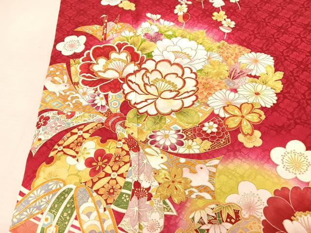 平和屋着物●豪華振袖　独地紋　吉祥草花文　折り鶴　兎　金糸　金彩　正絹　逸品　AAAQ0762np 平和屋着物□豪華振袖 駒刺繍 草花文 暈し染め 金彩 正絹 逸品