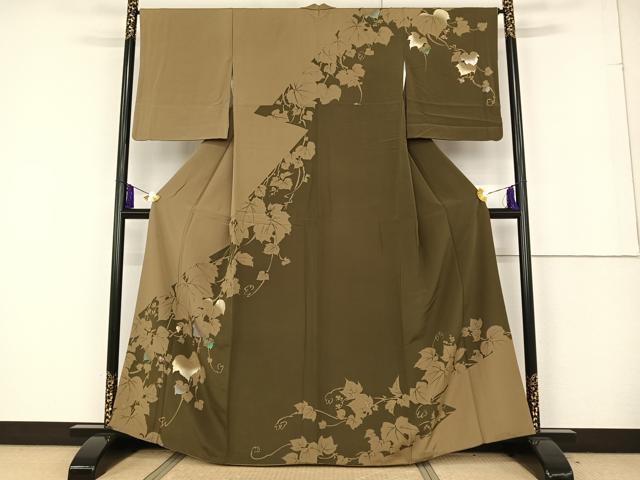 平和屋着物●訪問着　手描き　蔦の葉文　金彩　やまと誂製　正絹　逸品　AAAQ0764np