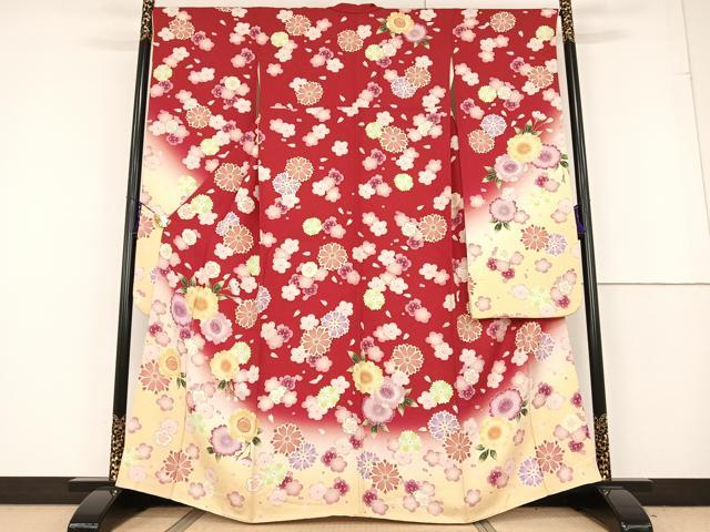 平和屋着物●豪華振袖　舞花文　暈し染め　銀通し地　正絹　逸品　AAAQ0772np