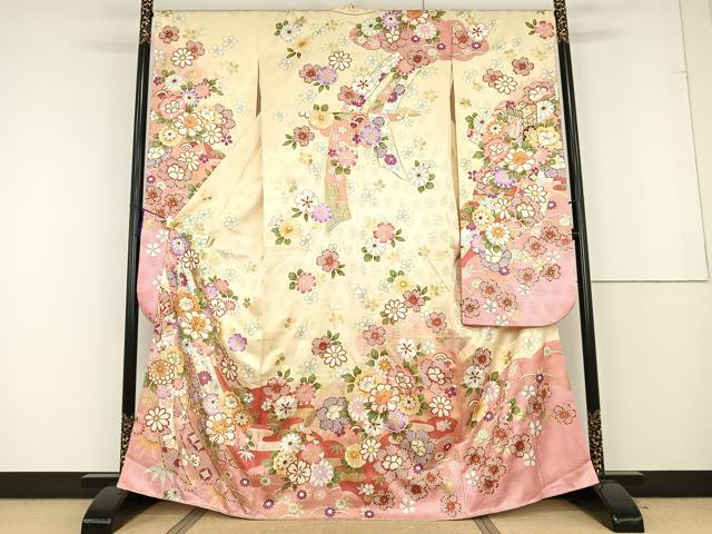 平和屋着物○豪華振袖 駒刺繍 鬘帯草花文 暈し染め 金彩
