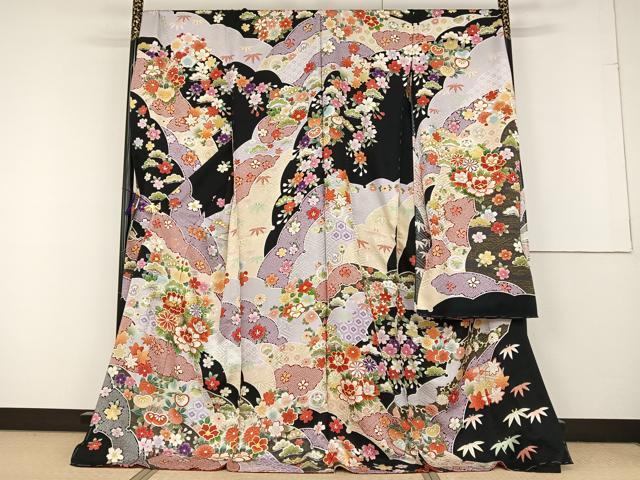 平和屋着物●豪華振袖　松竹梅雪輪草花文　黒地　金彩　仮絵羽　逸品　未使用　AAAQ0777np