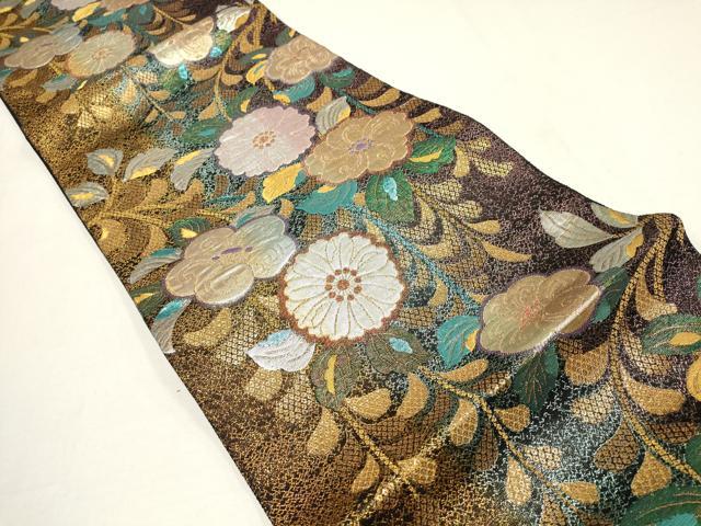 平和屋着物●六通柄袋帯　辻が花　枝花文　黒地　金糸　正絹　逸品　AAAQ7608wj 平和屋着物○六通柄袋帯 辻が花 枝花文 黒地 金糸 正絹 逸品