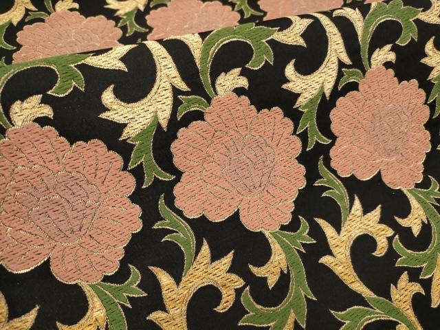 平和屋着物○六通柄袋帯 唐織 草花文 黒地 金糸 正絹 逸品 CAAT1034hy