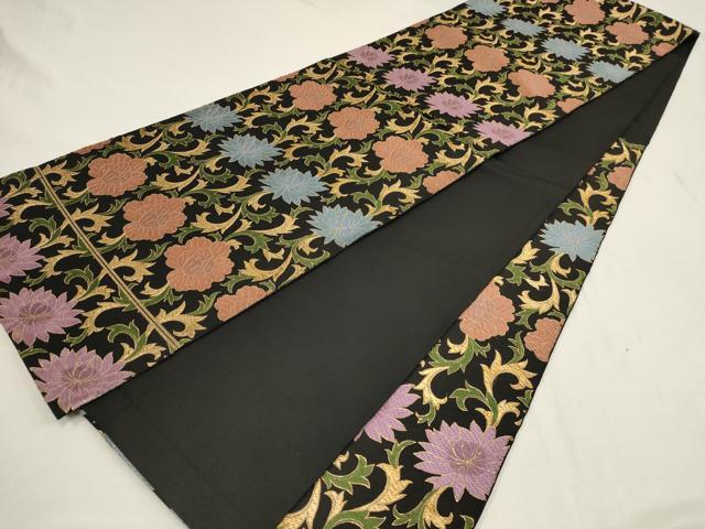 平和屋着物○六通柄袋帯 唐織 草花文 黒地 金糸 正絹 逸品 CAAT1034hy