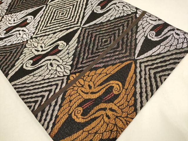 平和屋着物●六通柄袋帯　菱文　鶴　銀糸　正絹　逸品　AAAQ7803wj 平和屋着物○六通柄袋帯 菱文 鶴 銀糸 正絹 逸品 AAAQ7803wj