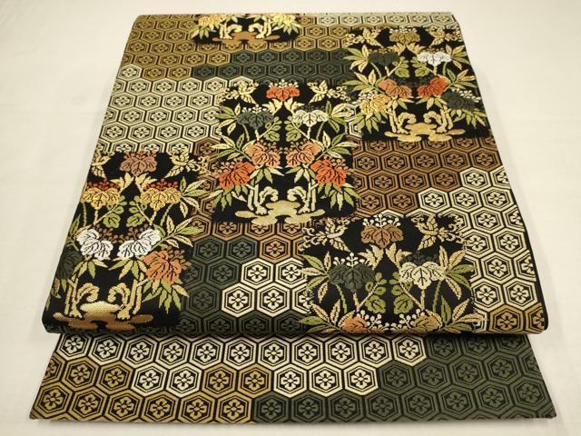 平和屋着物●六通柄袋帯　唐織　亀甲花鳥文　黒地　金糸　正絹　逸品　AAAQ7812wj