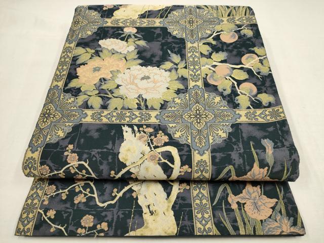 平和屋着物●山喜織物謹製　萬葉　紹巴　全通柄袋帯　草花文　正絹　逸品　AAAQ7847wj