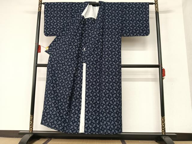 平和屋着物▽久留米絣 単衣 伝統藍絣 草花文 反端付き