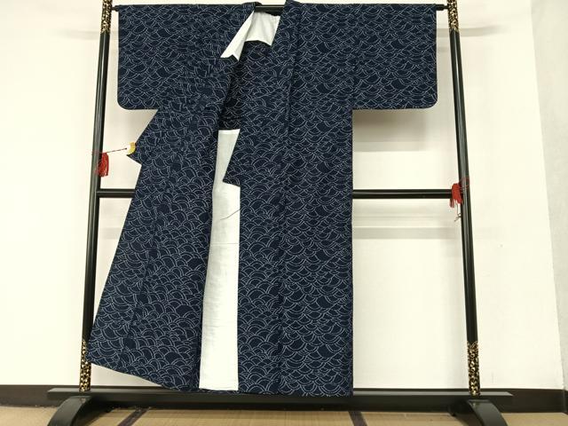 平和屋着物▽久留米絣 単衣 中尾 青海波 反端付き 綿 逸品