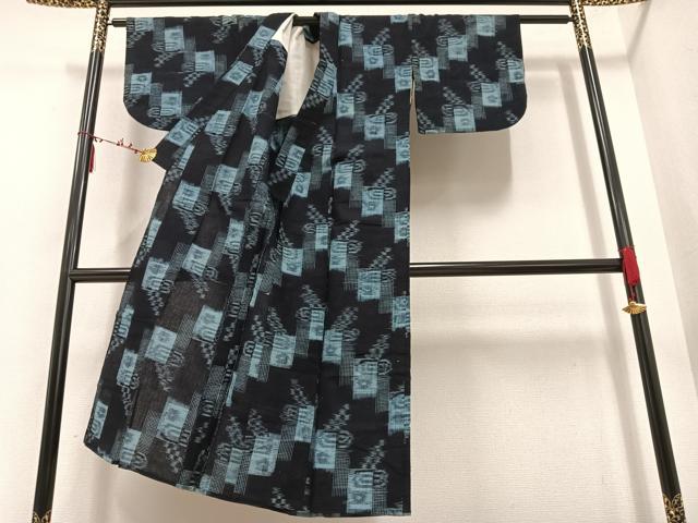 平和屋着物▽久留米絣 単衣 創作藍染 麻の葉文様 野村織物謹製 反