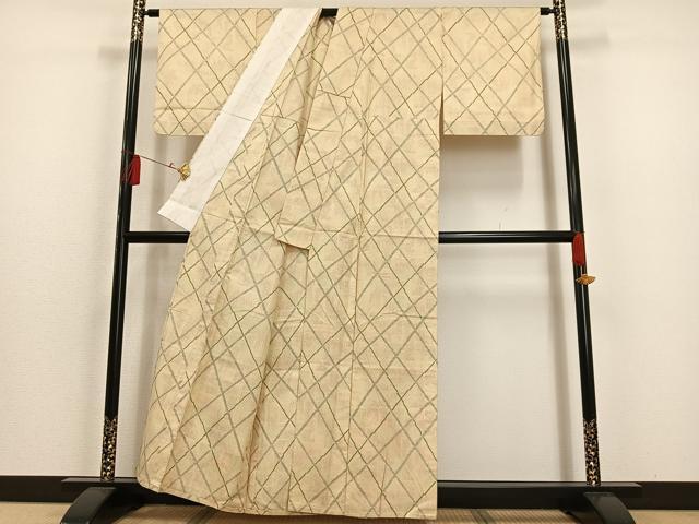 平和屋着物▽上質な紬 単衣 変わり格子 正絹 逸品 AAAS1498oa