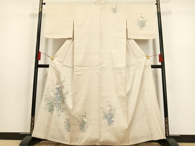 平和屋着物▽上質な紬　単衣　手描き　草花文　正絹　逸品　AAAS1499oa