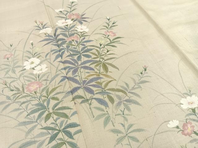 平和屋着物▽上質な紬 単衣 手描き 草花文 正絹 逸品 AAAS1499oa 紬